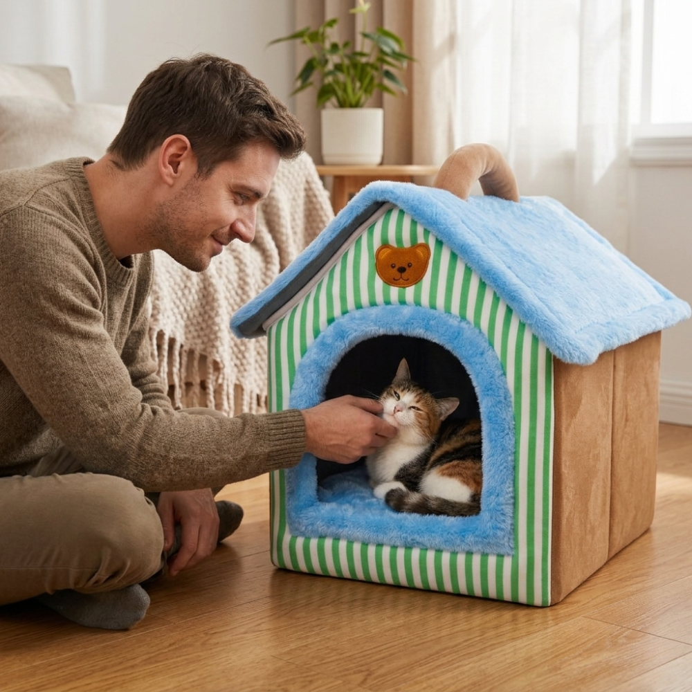 Niche Intérieure pour Chat en Tissu avec Coussin Amovible et Forme de maison