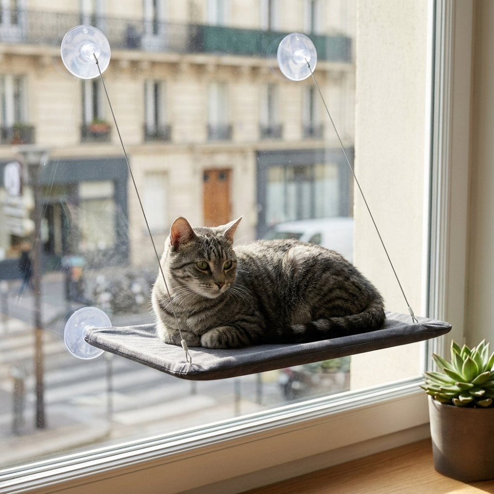 Hamac de fenêtre pour chat avec fixation ventouses et câbles 55 × 35 cm