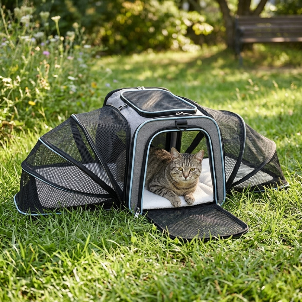 Sac de transport pliable pour chat avec extension en maille
