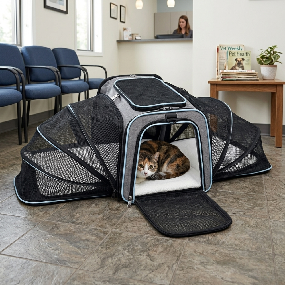Sac de transport pliable pour chat avec extension en maille
