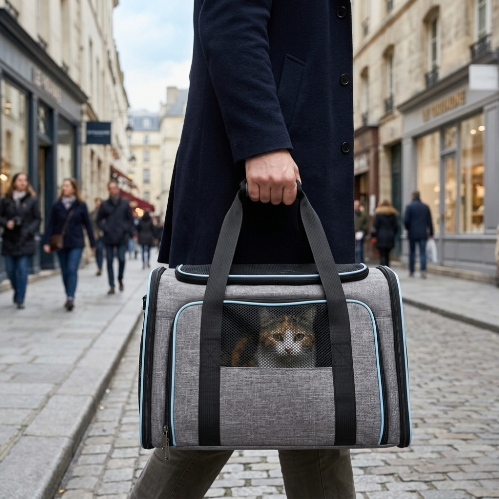 Sac de transport pliable pour chat avec extension en maille