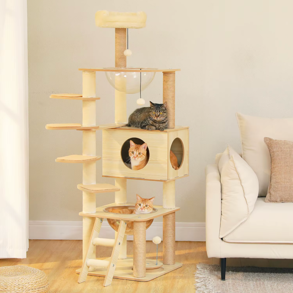 Arbre à chat en bois multi-niveaux 150–180 cm avec plateformes et niche