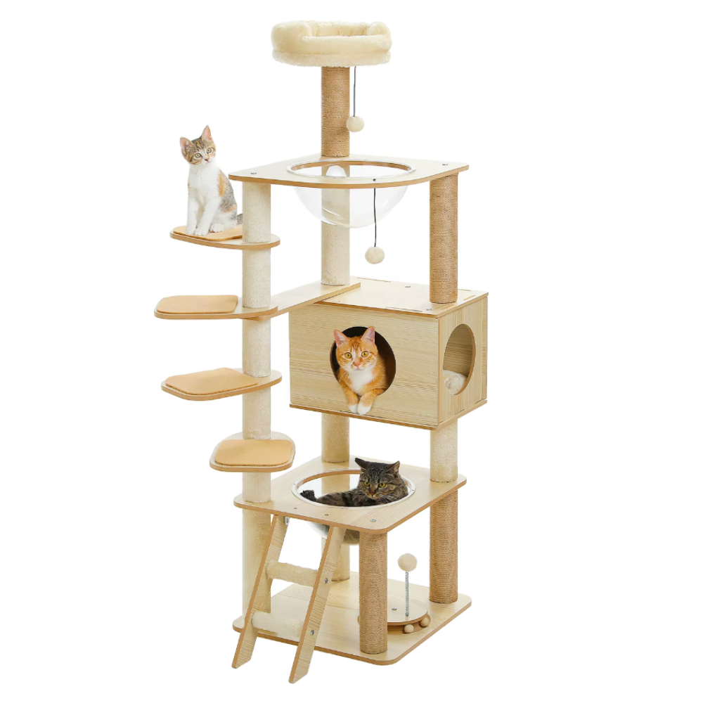 Arbre à chat en bois multi-niveaux 150–180 cm avec plateformes et niche