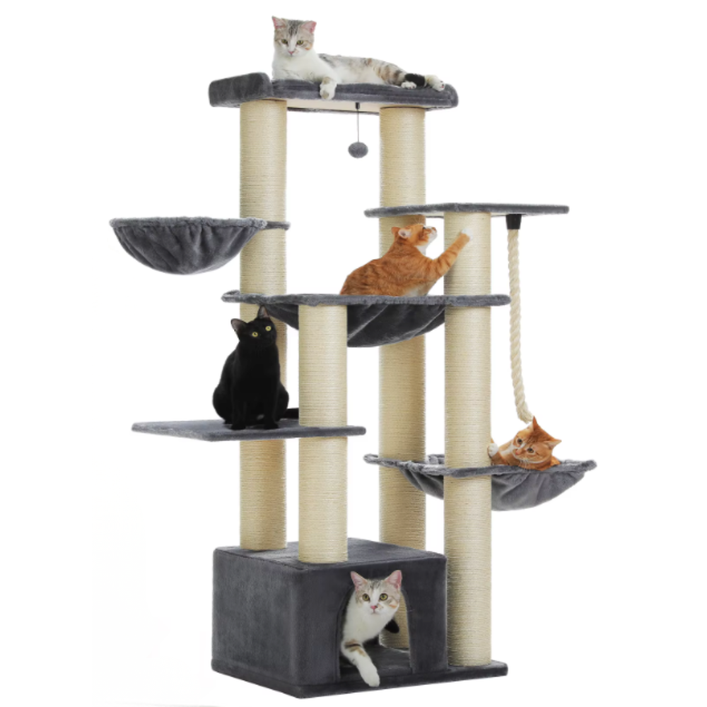 Arbre à chat multi-niveaux 170 cm avec niche, hamacs et poteaux en sisal