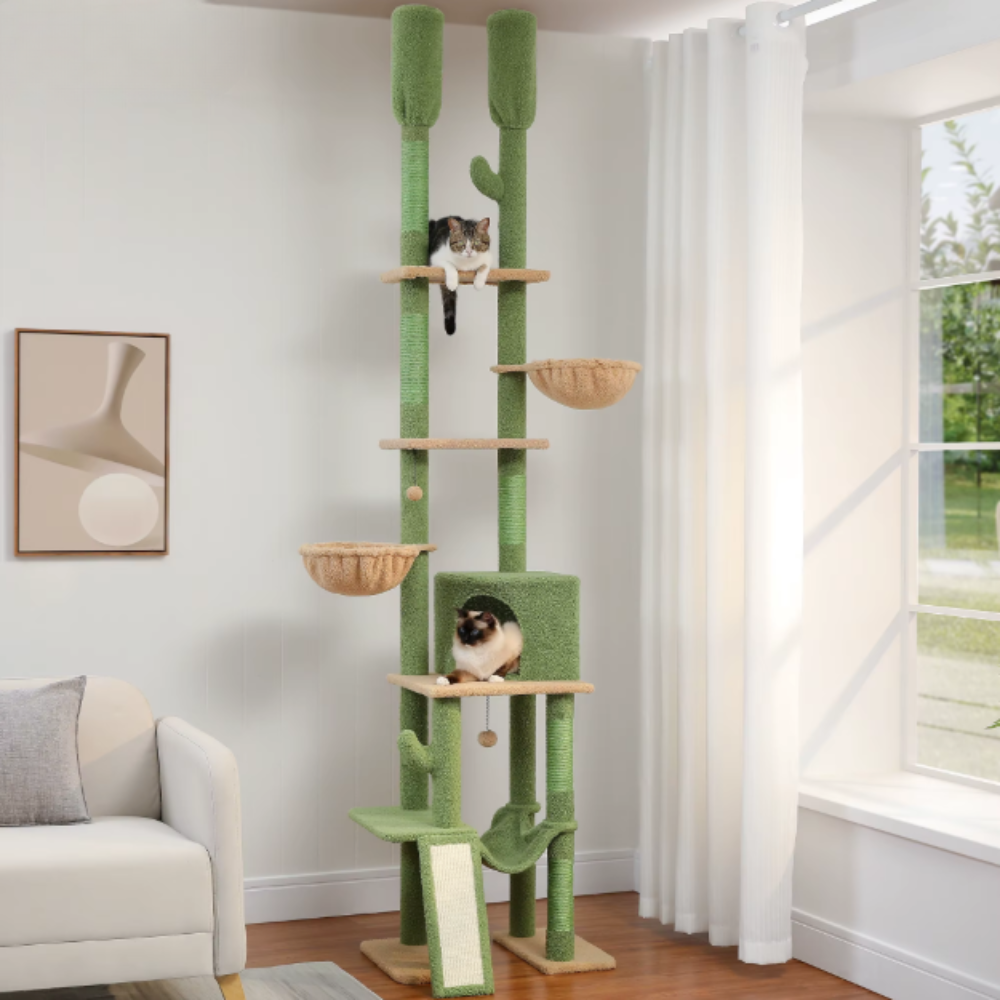 Arbre à chat réglable sol plafond 216–285 cm avec niche, paniers, hamac et poteaux en sisal