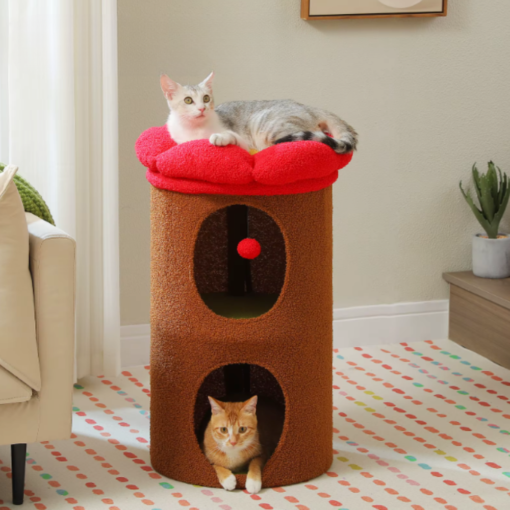 Maison pour chat cylindrique 2 niveaux avec plateforme fleur
