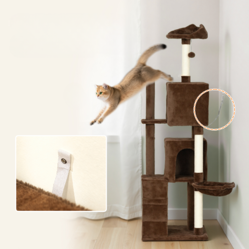 Arbre à chat multi-niveaux avec niches, rampe et hamac – 160 cm