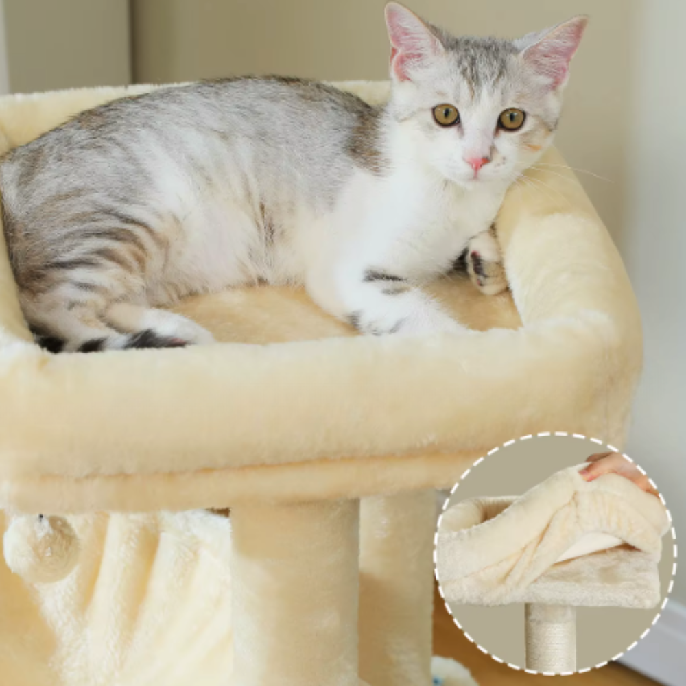 Arbre à chat multi-niveaux avec niche, hamac et rampe sisal – 100 cm