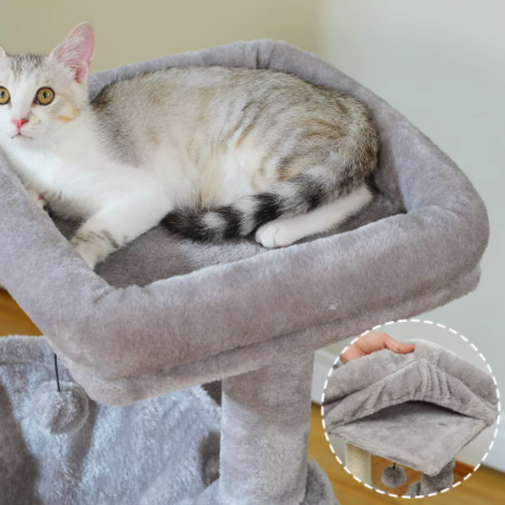 Arbre à chat multi-niveaux avec niche, hamac et rampe sisal – 100 cm