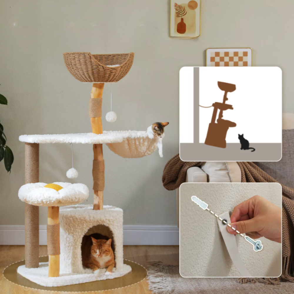 Arbre à chat multi-niveaux avec niche, hamac et panier rotin – 123 cm