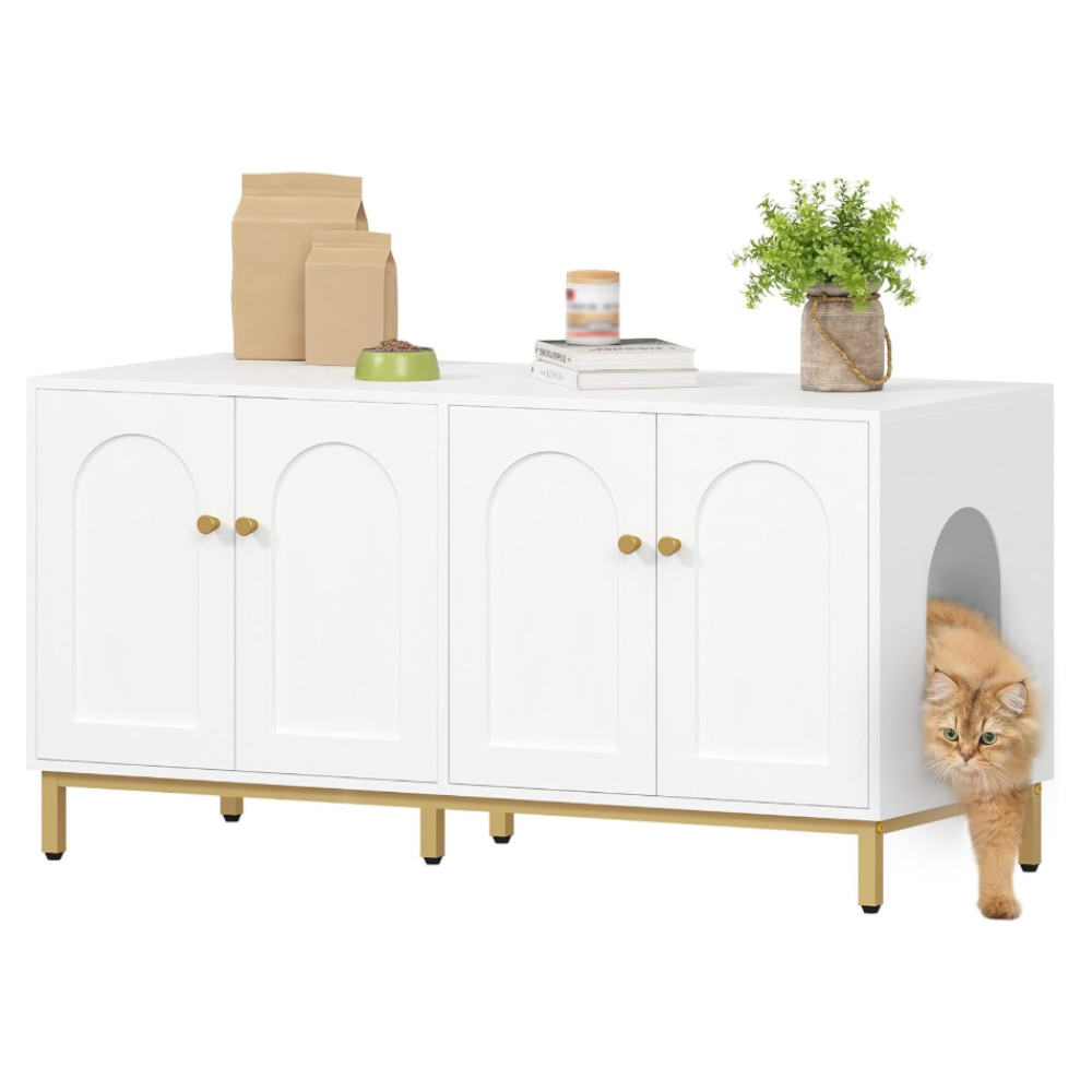 Meuble litière pour chat double compartiment blanc 119 cm