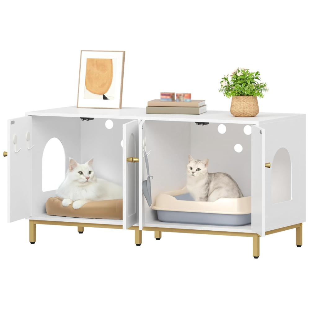 Meuble litière pour chat double compartiment blanc 119 cm