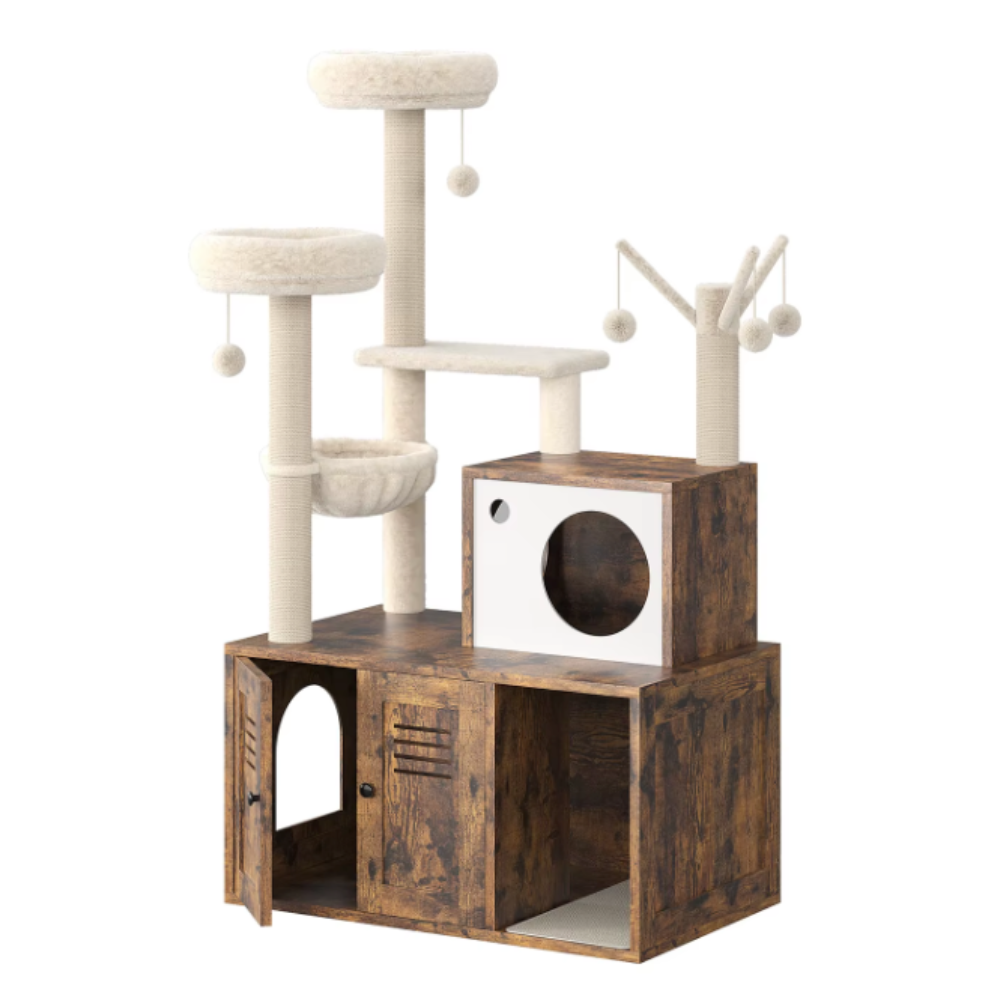 Arbre à chat meuble avec niche, plateformes et compartiment litière 140 cm