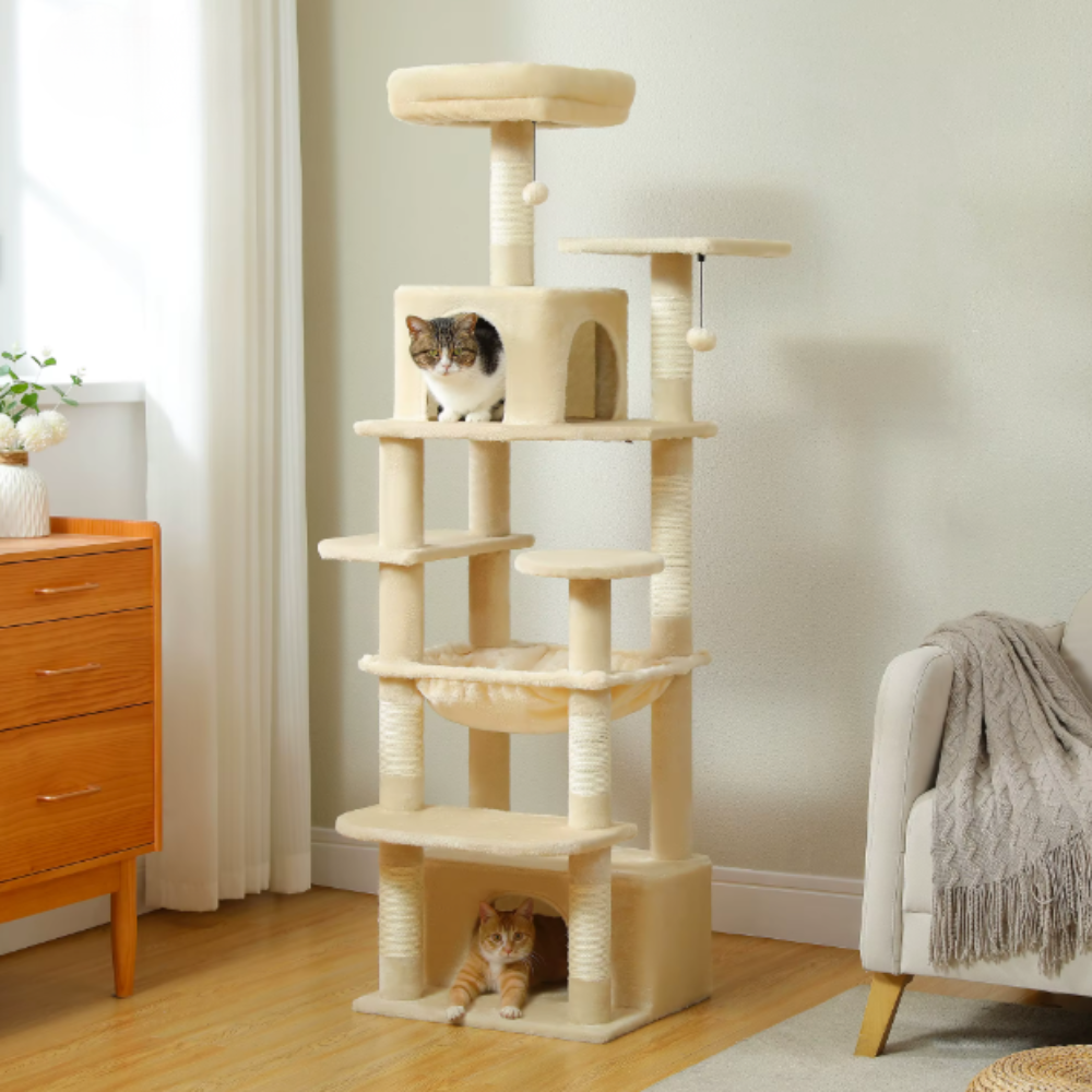 Arbre à chat multi-niveaux 184 cm avec niche, hamac et poteaux en sisal
