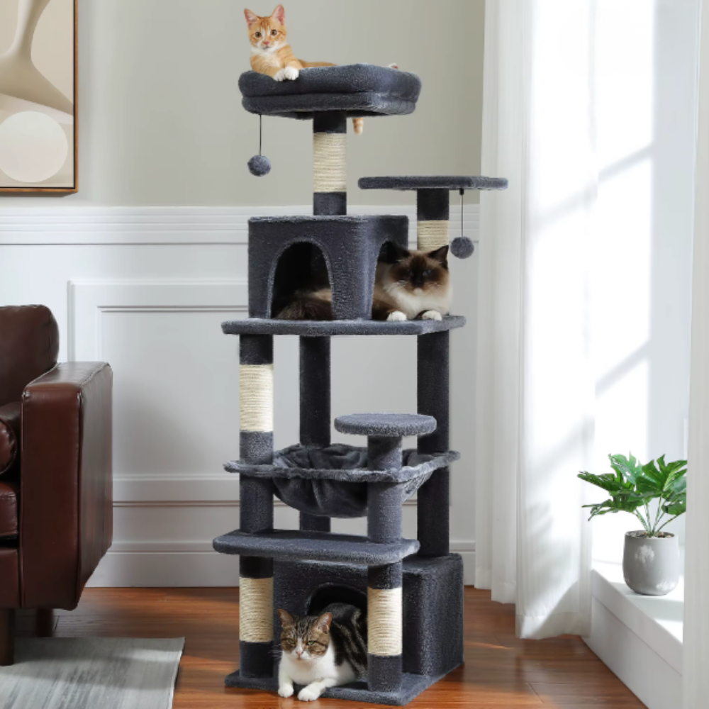 Arbre à chat multi-niveaux 184 cm avec niche, hamac et poteaux en sisal