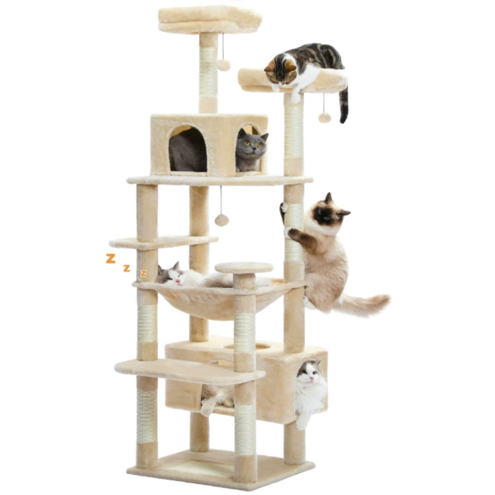 Arbre à chat multi-niveaux 184 cm avec niche, hamac et poteaux en sisal