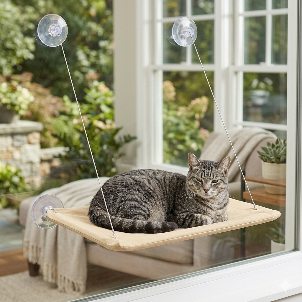 Hamac de fenêtre pour chat avec fixation ventouses et câbles 55 × 35 cm
